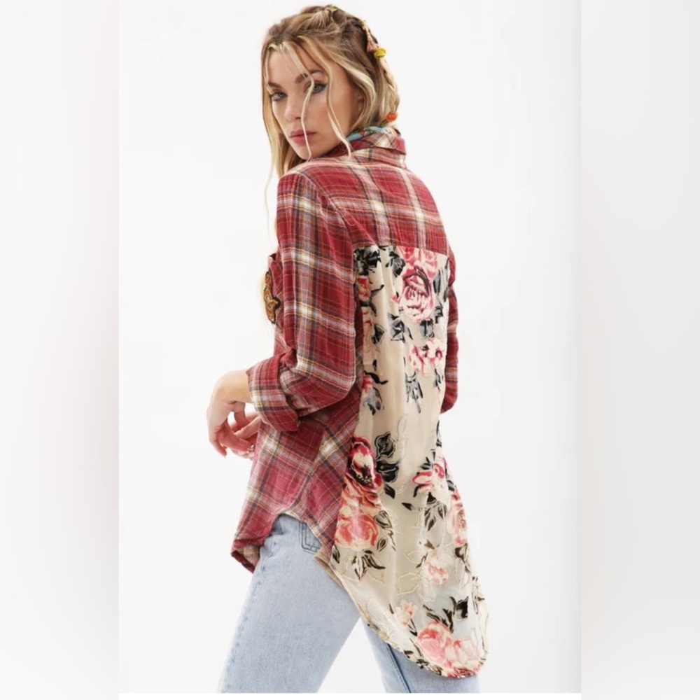 Aratta Silent Journey Heart Breaker Gauzy Plaid & Roses Burnout Shirt Size Med - Picture 3 of 11